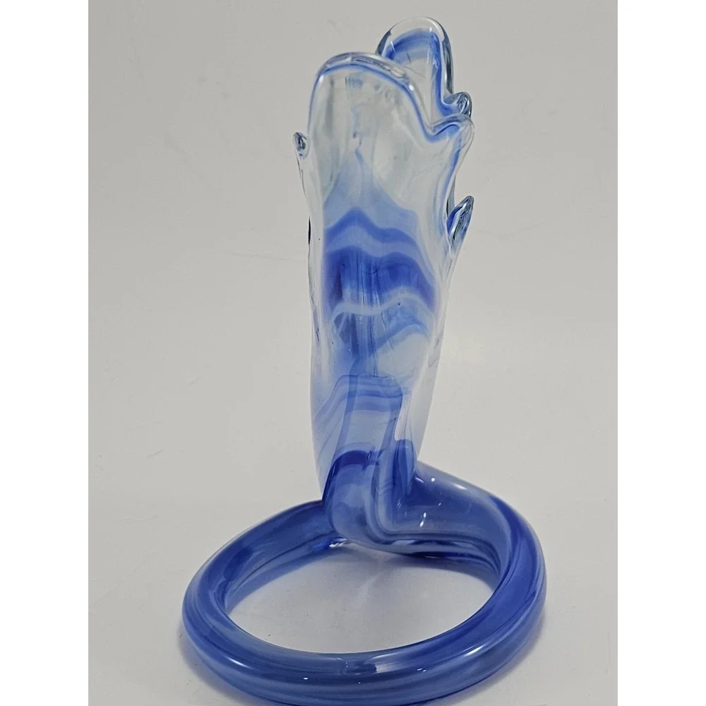 Art Glass Vase Swirled Blue and White Trumpet Decorative Coiled Base 7.25in